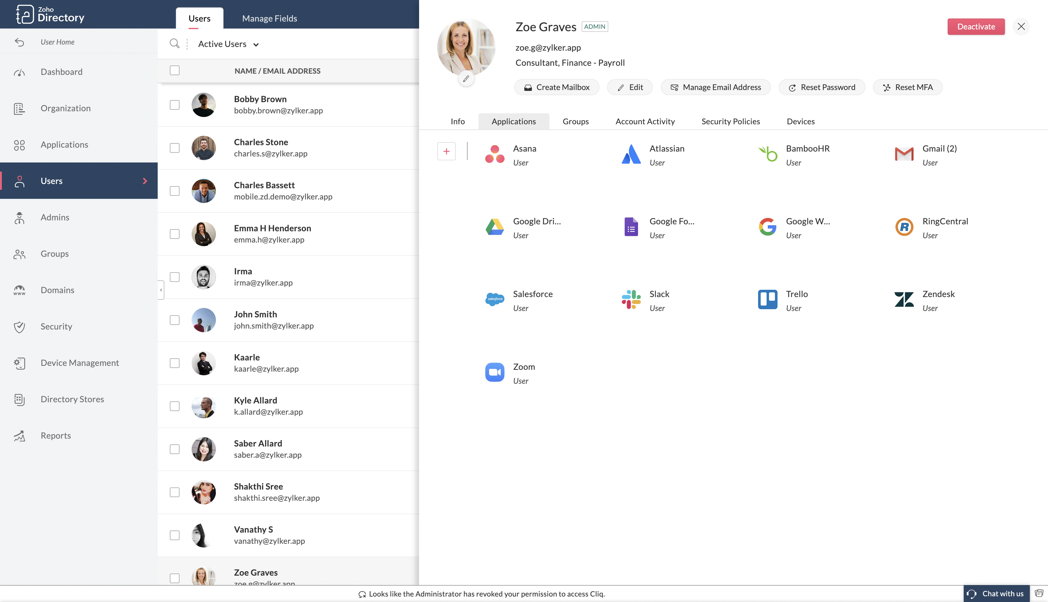 screenshot of Zoho Directory